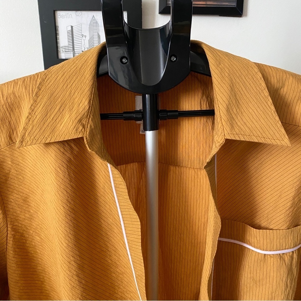 Anthropologie Maeve Long-Sleeved Piped Wrap Blouse Mustard Yellow Motif Size L - Picture 5 of 9